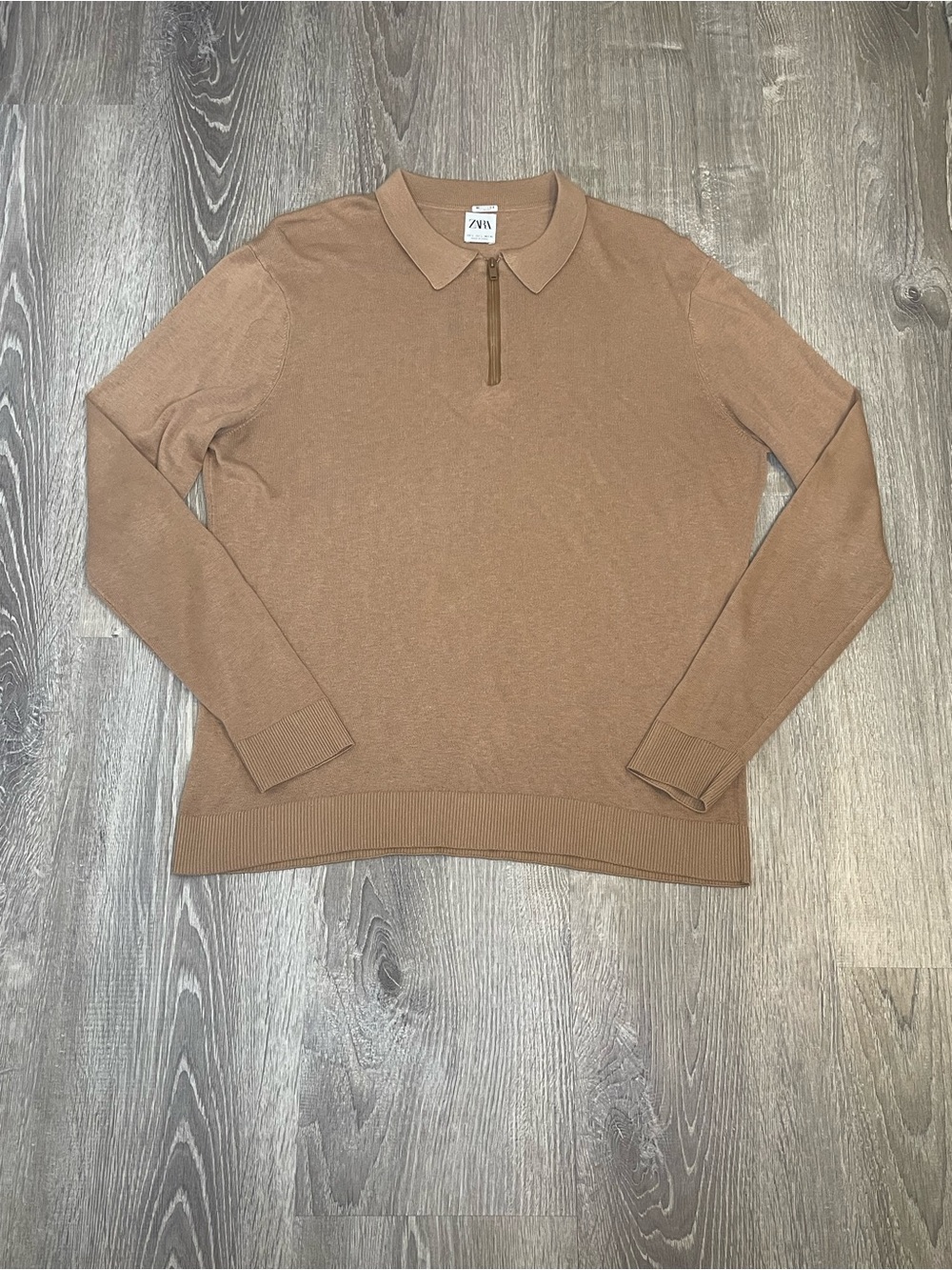Zara Men Zip-Front Polo Sweater in Camel Brown